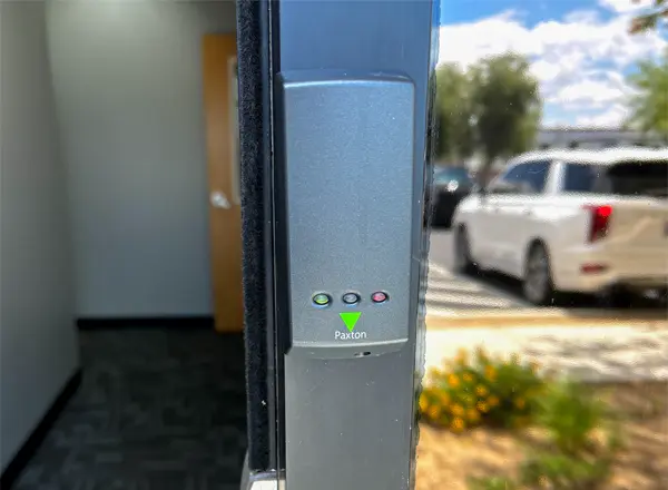 Paxton commercial access control card reader installed by Mattlock at a Las Vegas business entrance