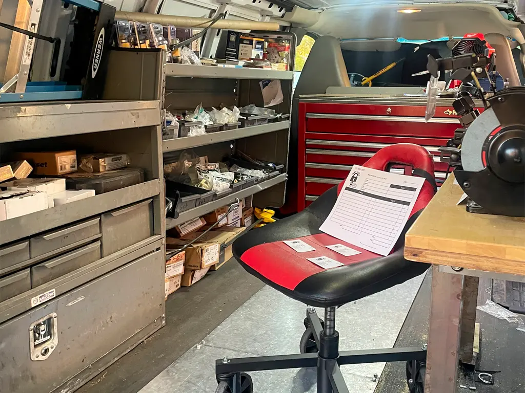 Inside of Mattlock Las Vegas locksmith service van fully stocked with professional tools and parts