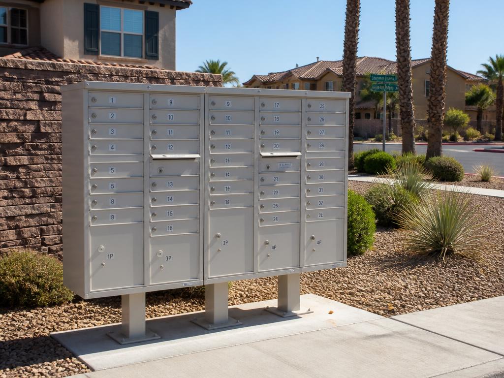 Cluster of residential mailbox lockboxes in a Las Vegas neighborhood