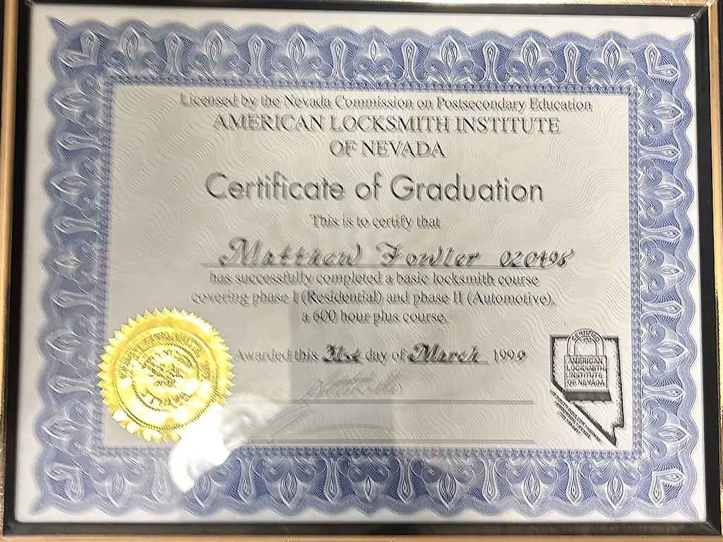 American Locksmith Institute of Nevada certificate of graduation awarded to Matthew Fowler of Mattlock