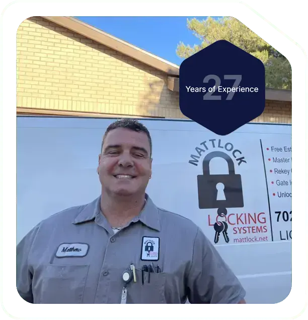 Mattlock locksmith Matthew standing in front of the Mattlock Locking Systems service van in Las Vegas