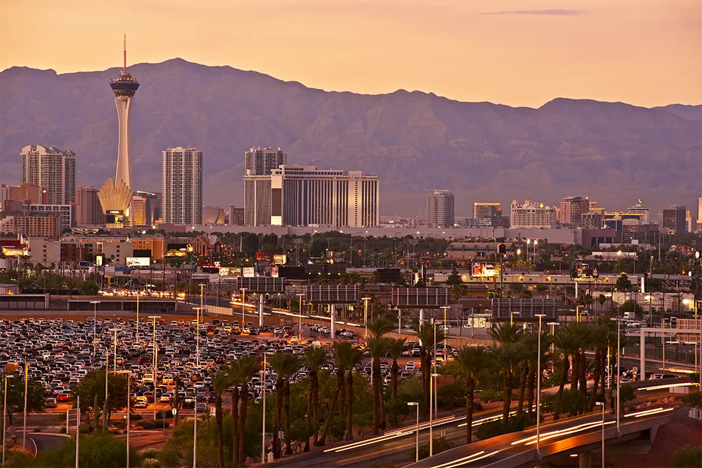 Aerial image of Las Vegas skyline during sunset
